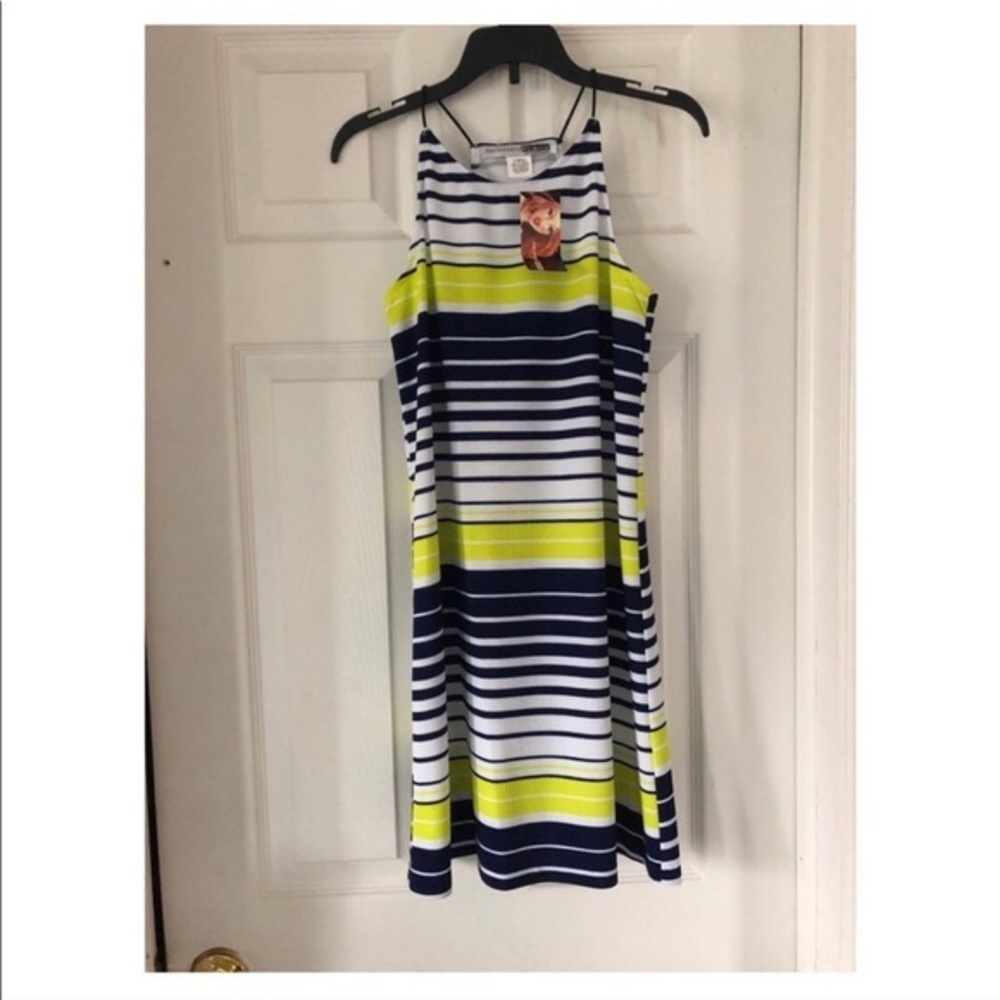 NWT Necessary objects Navy & yellow stretch striped tunic/dress size XS